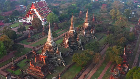 Aerial View of Wat Phra Si Sanphet Ruin Temple at Sunrise in Phra Nakhon Si Ayutthaya Thailand