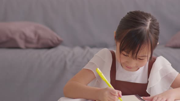 Portrait of little Asian girl child study learn at home smile and happiness