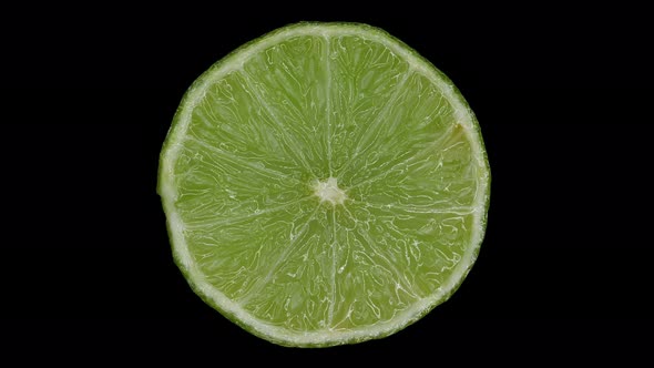 Slice Of Lime Rotating In Black Background. close up, studio shot