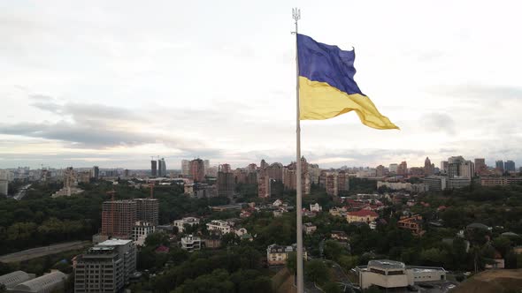 Kyiv - National Flag of Ukraine By Day. Aerial View. Kiev. Slow Motion