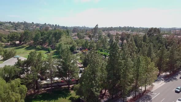 Aerial view of orange county golf course, California . Drone flies forward over golf course, United