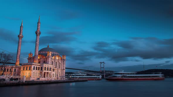 Ortakoy mosque and bosporus bridge time lapse