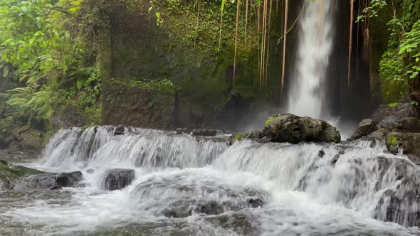 Closeup Side View of Cascading Waterfall Rapidly Flowing Down the Rocks in the Rainforest