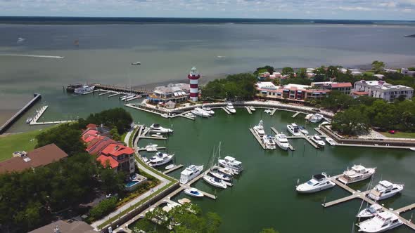 A wide drone shot of Harbor Town on Hilton Head Island, SC