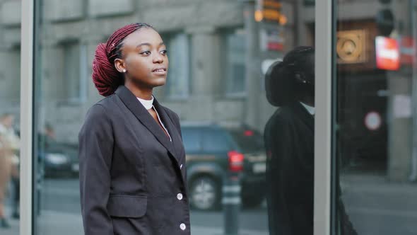 Young Business Woman African American Girl Lady Walking Near Building of Company Office Being Late