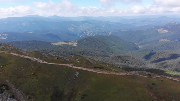 Aerial Panoramic View of Top of Carpathian Mountain Range with Trails. Hiking