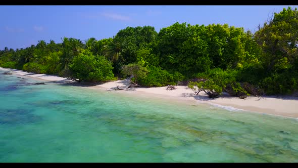 Aerial drone shot scenery of perfect seashore beach vacation by blue ocean with white sand backgroun