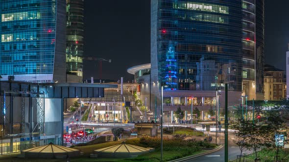 Milan Skyline with Modern Skyscrapers in Porta Nuova Business District Night Timelapse in Milan