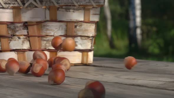 Closeup of Unpeeled Hazelnuts Falling on a Wooden Surface Next To the Basket