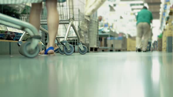 People Go with Shopping Carts in the Supermarket