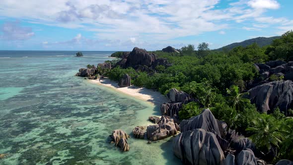 Anse Source d'Argent Beach La Digue Island Seyshelles Drone Aerial View of La Digue Seychelles Bird