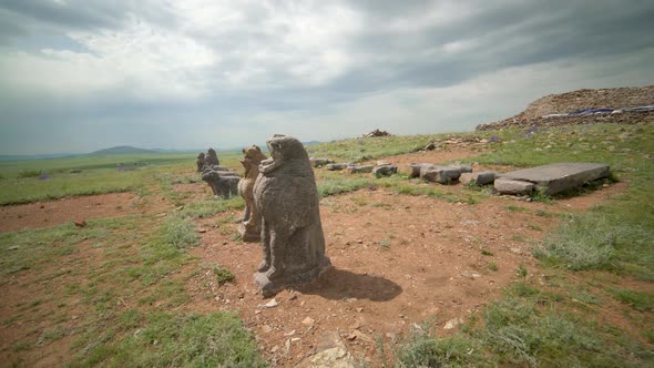 Stone Animal Sculptures in the Historical Archaeological Excavation Site