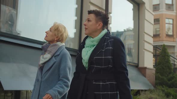 Elderly Female Couple Strolling Along Street Windowshopping Outdoors