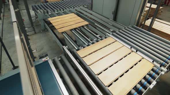 Parquet Board are Processed on the Production Line in the Woodworking Plant