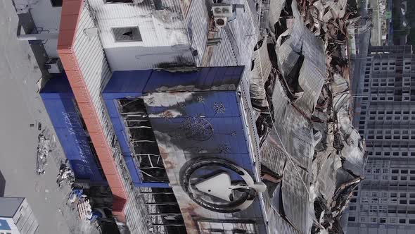 Vertical Video of Bucha Ukraine  a Destroyed Shopping Center During the War