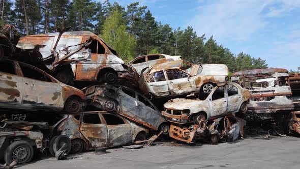 War in Ukraine a Dump of Shot and Burned Cars in the City of Irpen Near Kyiv