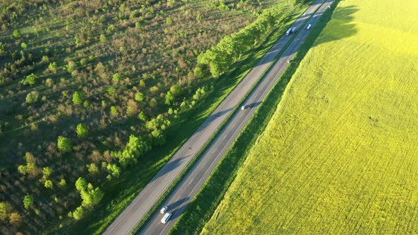 Aerial View of the Highway Among Green Fields in Spring