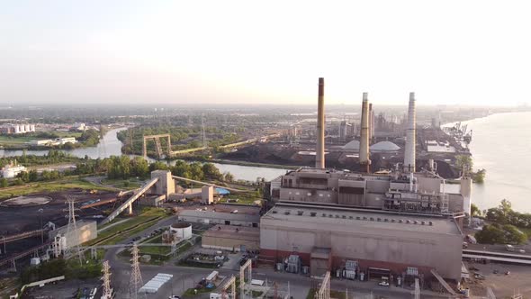 Smokestacks With Blinking Lights At DTE Coal Power Plant In Rouge River, Detroit, Michigan - drone p