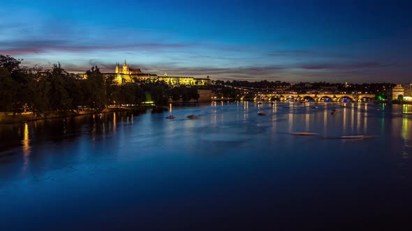 View of the City Prague in Czech Republic Day to Night Timelapse on the Vltava River with Beautiful