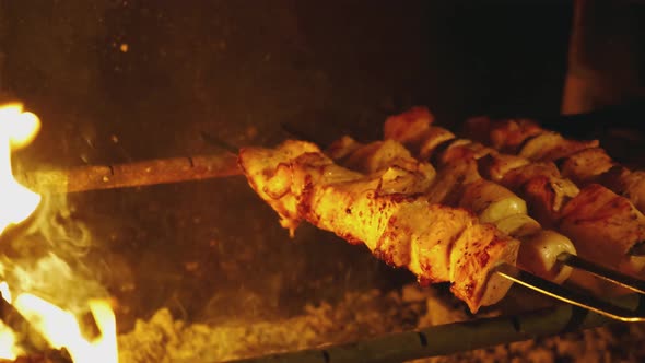 Shish Kebab on Skewers Closeup