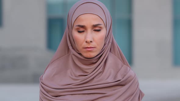 Portrait Young Beautiful Serious Indian Girl in Pink Hijab Traditional Headscarf Lonely Muslim Woman