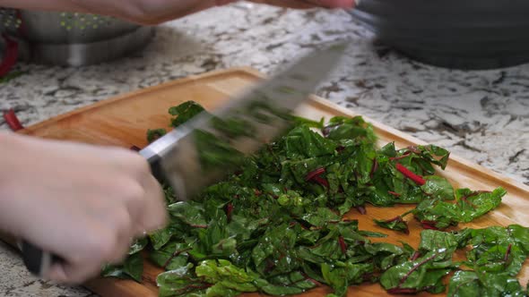 Cutting Up Swiss Chard On Kitchen Wood Cutting Board 01