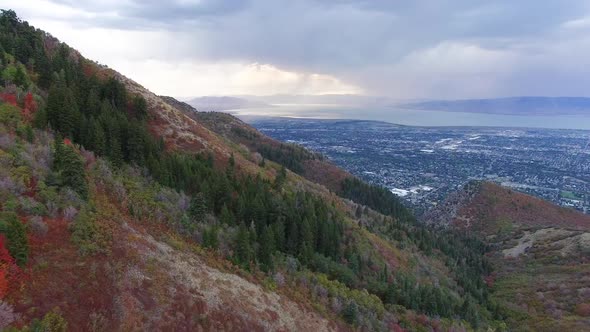 Aerial view on hillside above city during Fall