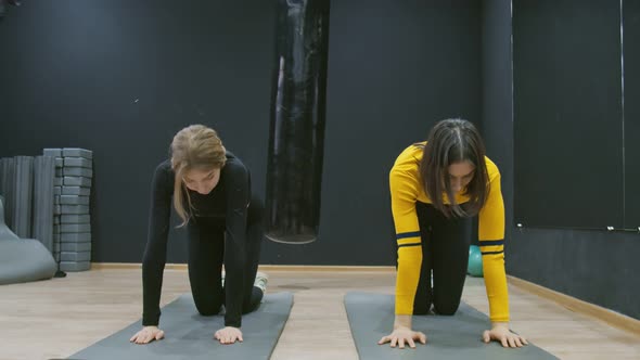 Two Young Beautiful Women Doing Yoga Exercise to Warm Up in Gym