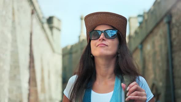 Portrait Active Backpacker Woman in Sunglasses and Hat Walking Tourist Place Enjoying Architecture