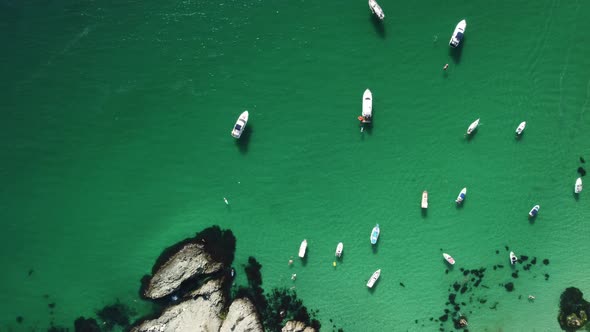 Aerial Panoramic View of Seascape with Crystal Clear Azure Sea and Rocky Shores