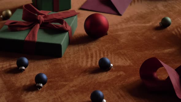 gift box and christmas decoration on a table