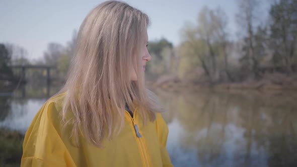 Portrait Cute Young Beautiful Blond Woman Posing Near Lake or River