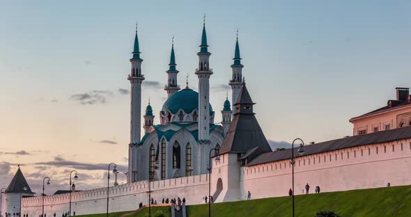 Russia, Kazan, Evening Time Lapse with Beautiful Kul Sharif Mosque, Summer Cityscape in Kazan