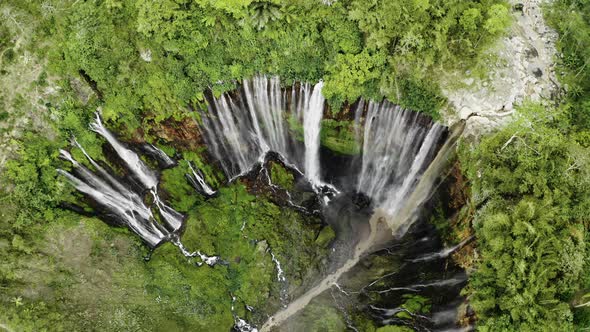 Drone Over Tumpak Sewu Waterfalls