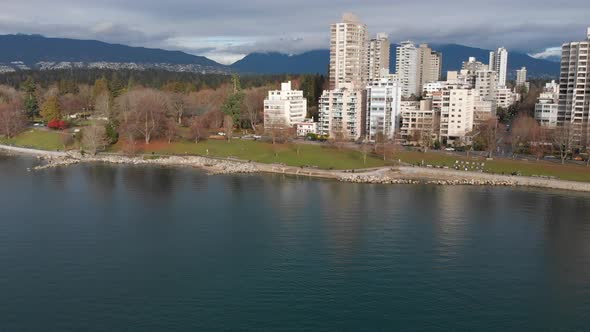 Various drone shots at English Bay near downtown Vancouver, BC during Polar Bear 2019 event