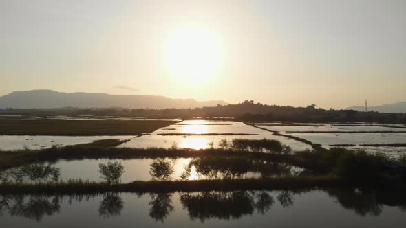 low drone slider shot over Waterlogged Indian rice paddy & fish farming fields sunset