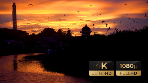 CS - Sunset Silhouette of Mosque and Bird 02