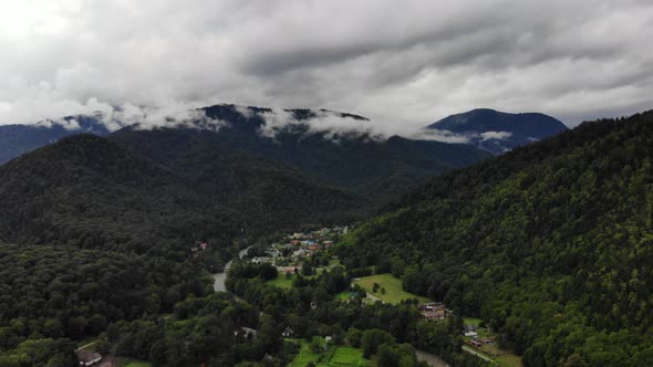 View of the Caucasus Mountains and the village.