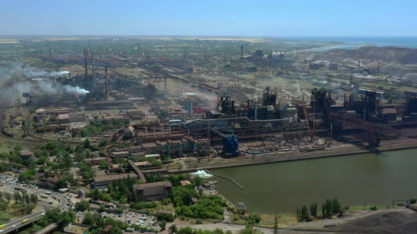 View From a Height of a Metallurgical Plant with Smoke Pipes