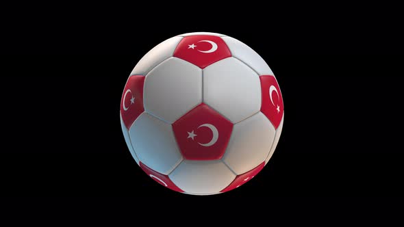 Soccer ball with flag Turkey, on black background loop alpha alt