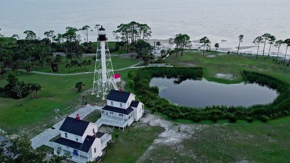 Aerial flight or Cape San Blas lighthouse showing St. Joseph Bay in Florida