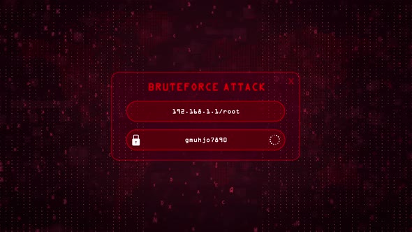 Bruteforce Computer Hacking attack over red binary background with digital world map.