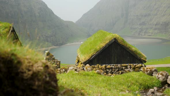 Old Faroese House with Grass Rooftop in the Middle of Mist Nature