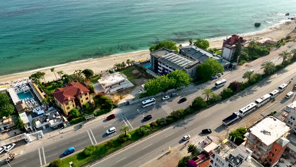 Traffic on the Beach aerial view 4 K Turkey Alanya