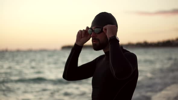 Triathlete Swimming Workout.Swimmer Exercising Wear Goggles Triathlon Competition.Swimmer Workout