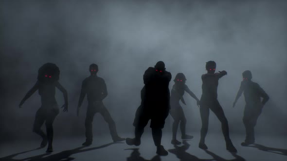 Group of scary attacking zombies . Halloween concept. alt