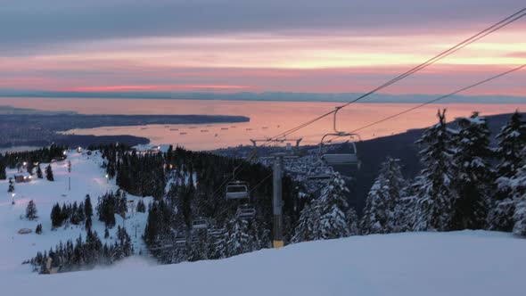 Beautiful winter view from Cypress mountain at dusk, Vancouver in background