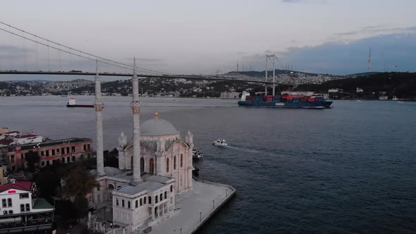 Aerial drone view of Ortakoy Mosque (Buyuk Mecidiye Camii) 