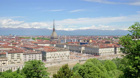 Turin, Italy. Zoom in Time Lapse view on the city. In the middle the Mole Antonelliana building.