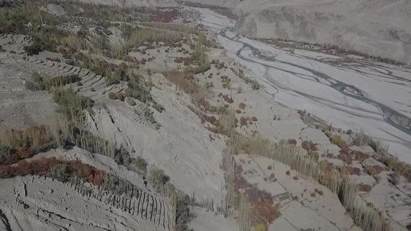 Panorama landscape on sharp curve of Indus river, rock mountain range and wide area of sand in the s